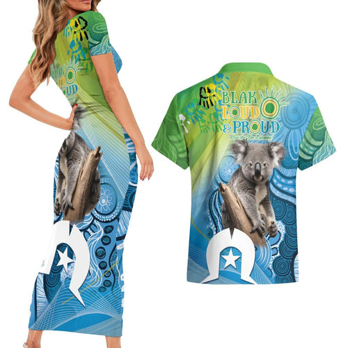 Vivid Minimal Koala NAIDOC 2024 Couples Matching Short Sleeve Bodycon Dress and Hawaiian Shirt Aboriginal Art Style