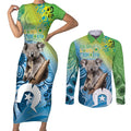 Vivid Minimal Koala NAIDOC 2024 Couples Matching Short Sleeve Bodycon Dress and Long Sleeve Button Shirt Aboriginal Art Style