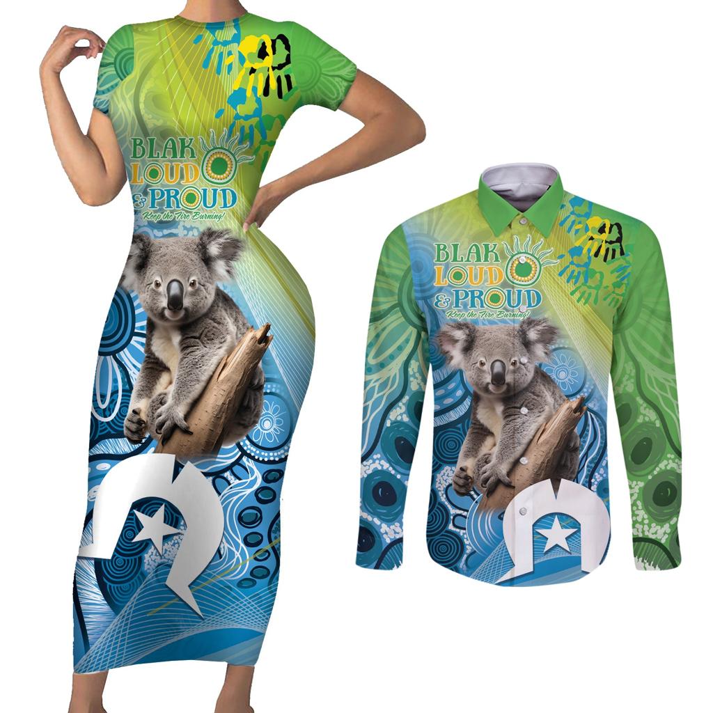 Vivid Minimal Koala NAIDOC 2024 Couples Matching Short Sleeve Bodycon Dress and Long Sleeve Button Shirt Aboriginal Art Style
