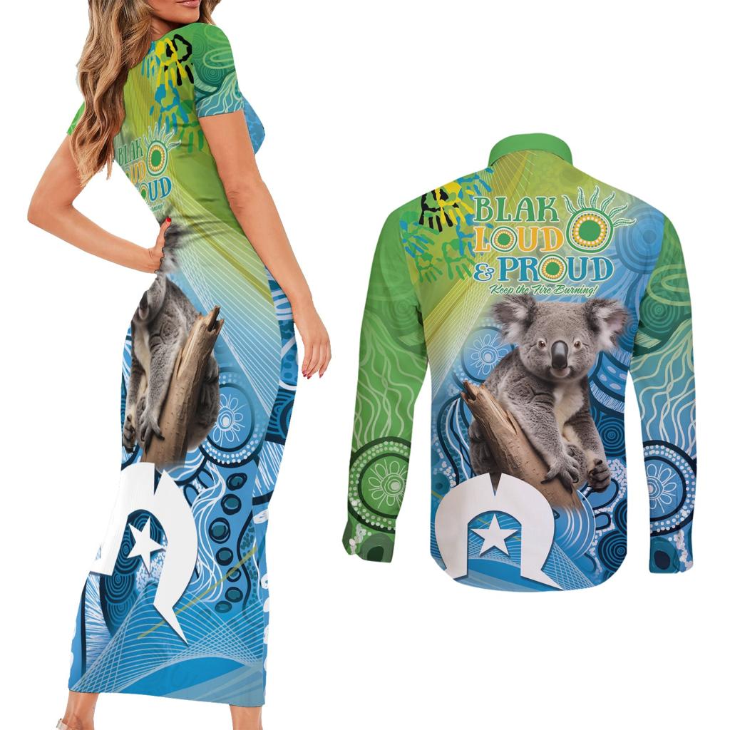 Vivid Minimal Koala NAIDOC 2024 Couples Matching Short Sleeve Bodycon Dress and Long Sleeve Button Shirt Aboriginal Art Style