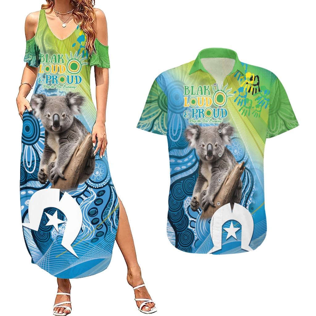 Vivid Minimal Koala NAIDOC 2024 Couples Matching Summer Maxi Dress and Hawaiian Shirt Aboriginal Art Style
