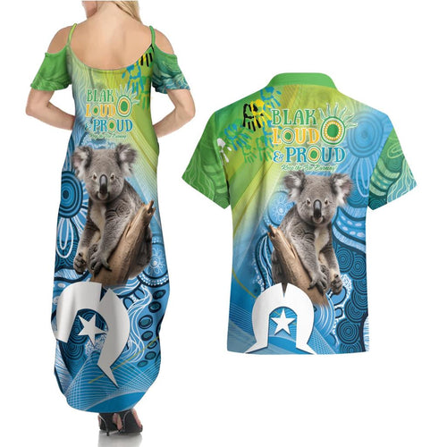 Vivid Minimal Koala NAIDOC 2024 Couples Matching Summer Maxi Dress and Hawaiian Shirt Aboriginal Art Style