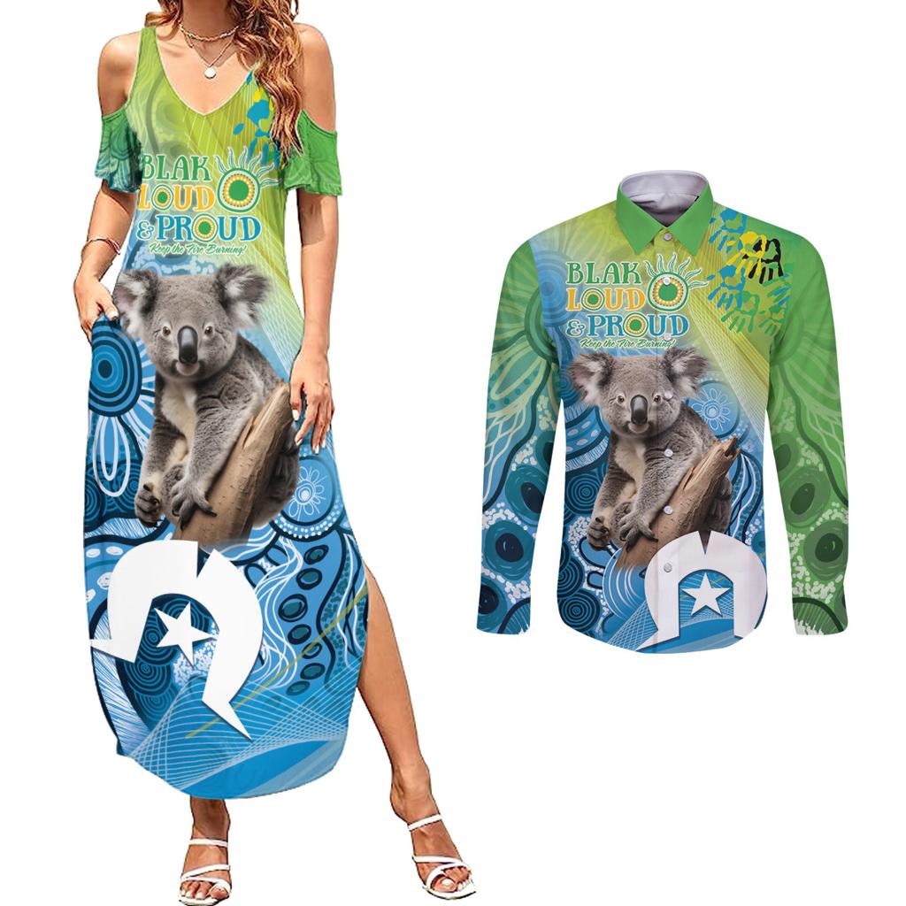 Vivid Minimal Koala NAIDOC 2024 Couples Matching Summer Maxi Dress and Long Sleeve Button Shirt Aboriginal Art Style