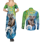 Vivid Minimal Koala NAIDOC 2024 Couples Matching Summer Maxi Dress and Long Sleeve Button Shirt Aboriginal Art Style