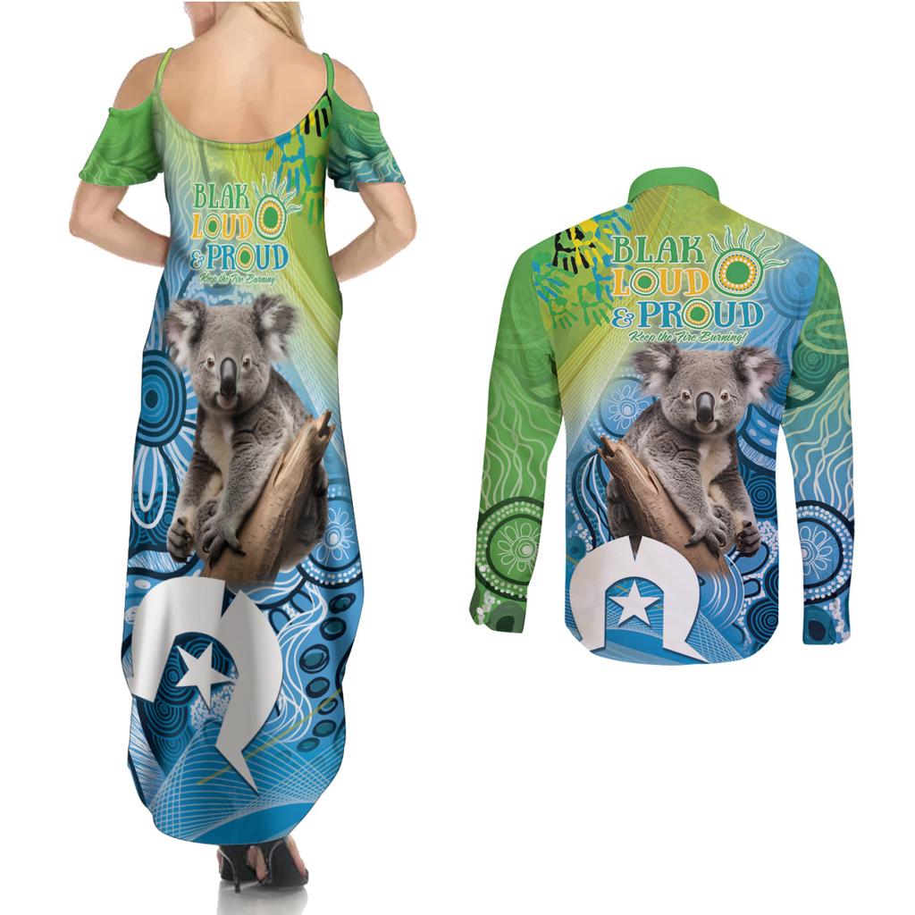 Vivid Minimal Koala NAIDOC 2024 Couples Matching Summer Maxi Dress and Long Sleeve Button Shirt Aboriginal Art Style