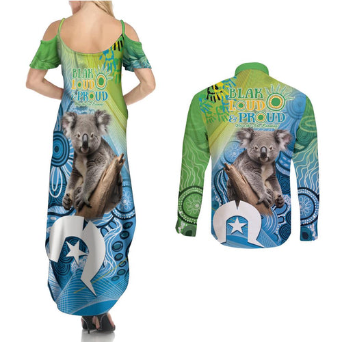 Vivid Minimal Koala NAIDOC 2024 Couples Matching Summer Maxi Dress and Long Sleeve Button Shirt Aboriginal Art Style