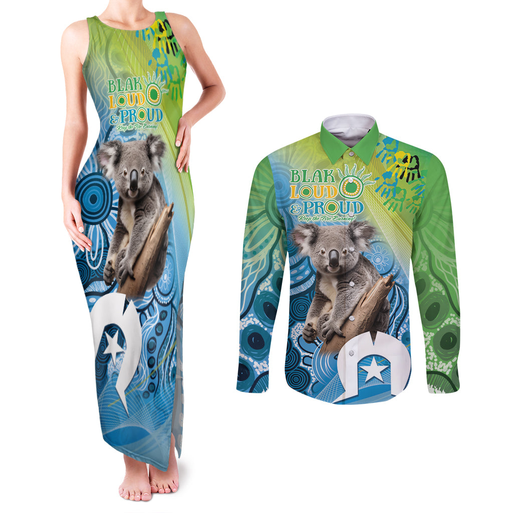 Vivid Minimal Koala NAIDOC 2024 Couples Matching Tank Maxi Dress and Long Sleeve Button Shirt Aboriginal Art Style