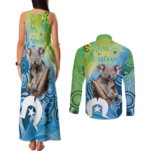 Vivid Minimal Koala NAIDOC 2024 Couples Matching Tank Maxi Dress and Long Sleeve Button Shirt Aboriginal Art Style