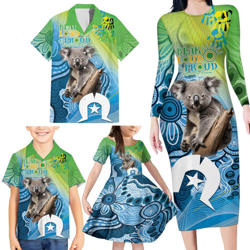 Vivid Minimal Koala NAIDOC 2024 Family Matching Long Sleeve Bodycon Dress and Hawaiian Shirt Aboriginal Art Style