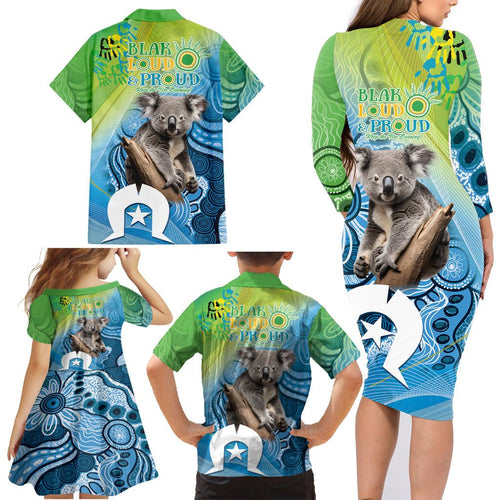 Vivid Minimal Koala NAIDOC 2024 Family Matching Long Sleeve Bodycon Dress and Hawaiian Shirt Aboriginal Art Style