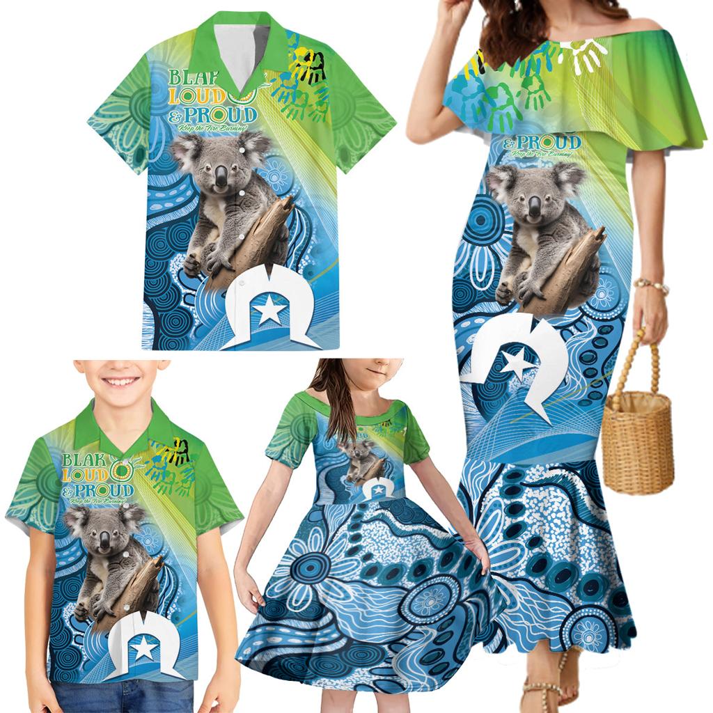 Vivid Minimal Koala NAIDOC 2024 Family Matching Mermaid Dress and Hawaiian Shirt Aboriginal Art Style