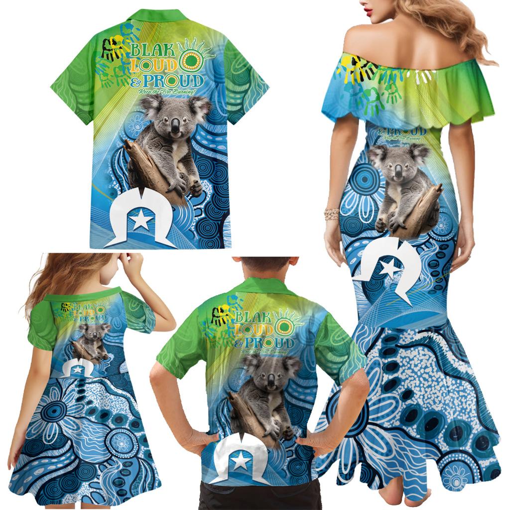 Vivid Minimal Koala NAIDOC 2024 Family Matching Mermaid Dress and Hawaiian Shirt Aboriginal Art Style