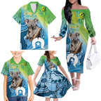 Vivid Minimal Koala NAIDOC 2024 Family Matching Off The Shoulder Long Sleeve Dress and Hawaiian Shirt Aboriginal Art Style