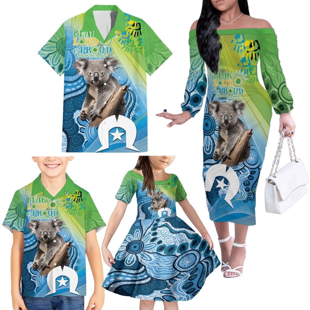Vivid Minimal Koala NAIDOC 2024 Family Matching Off The Shoulder Long Sleeve Dress and Hawaiian Shirt Aboriginal Art Style