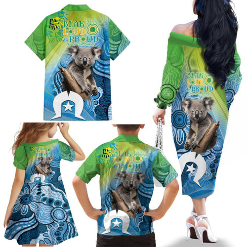 Vivid Minimal Koala NAIDOC 2024 Family Matching Off The Shoulder Long Sleeve Dress and Hawaiian Shirt Aboriginal Art Style