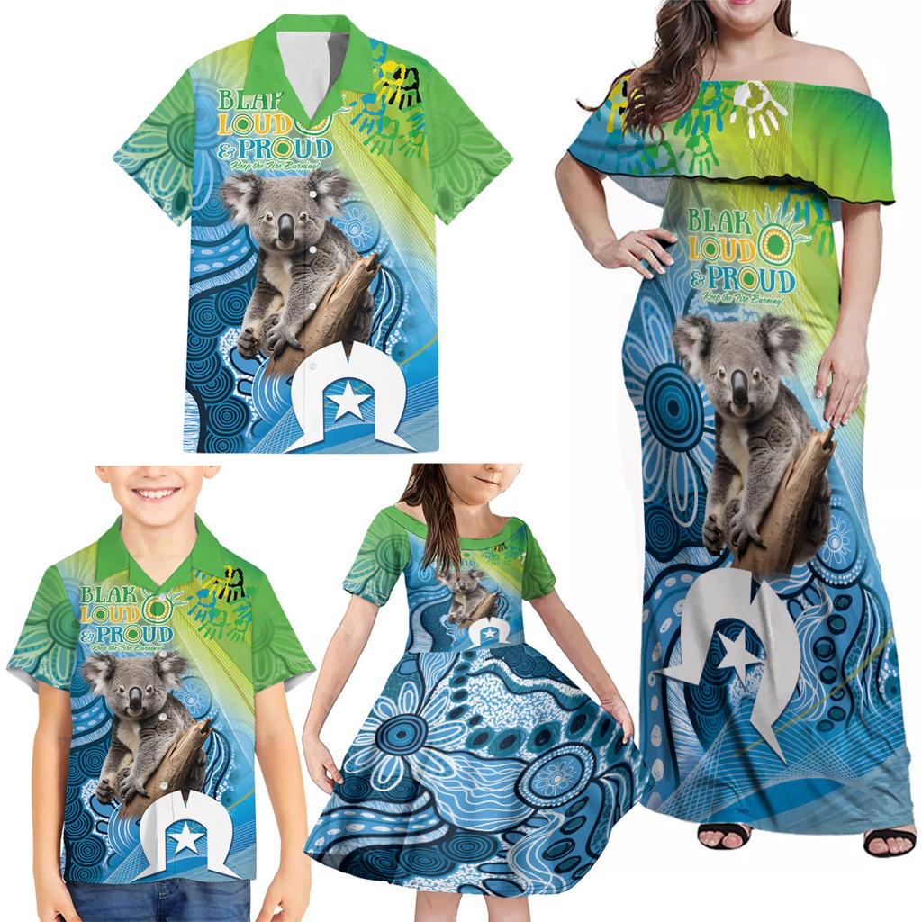 Vivid Minimal Koala NAIDOC 2024 Family Matching Off Shoulder Maxi Dress and Hawaiian Shirt Aboriginal Art Style