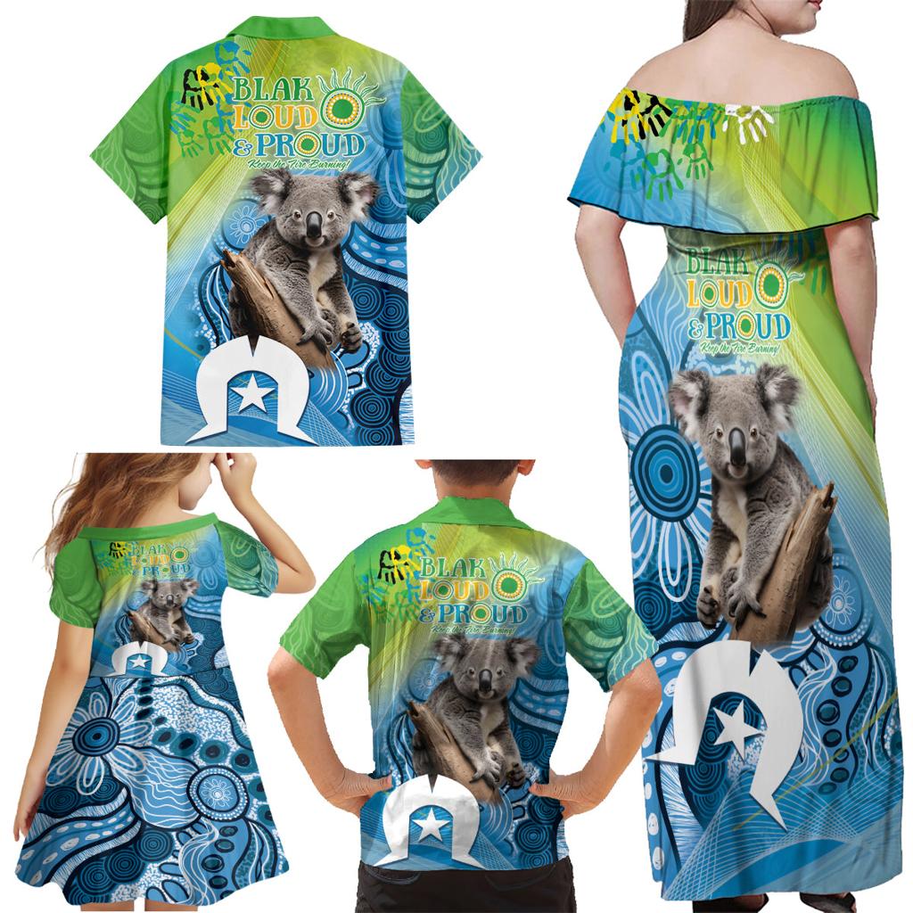 Vivid Minimal Koala NAIDOC 2024 Family Matching Off Shoulder Maxi Dress and Hawaiian Shirt Aboriginal Art Style