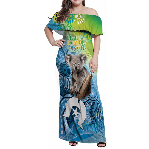Vivid Minimal Koala NAIDOC 2024 Family Matching Off Shoulder Maxi Dress and Hawaiian Shirt Aboriginal Art Style