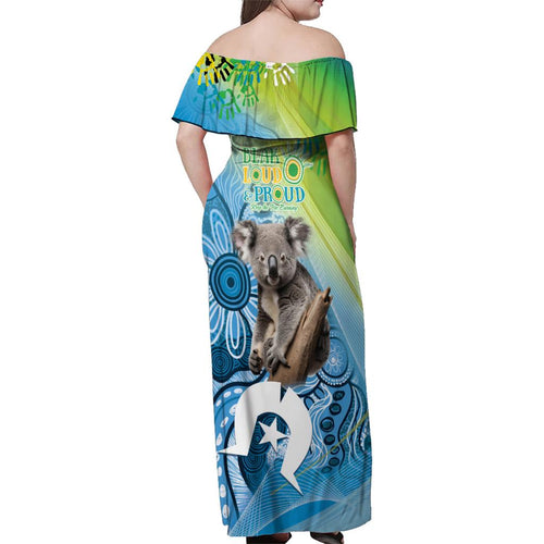 Vivid Minimal Koala NAIDOC 2024 Family Matching Off Shoulder Maxi Dress and Hawaiian Shirt Aboriginal Art Style