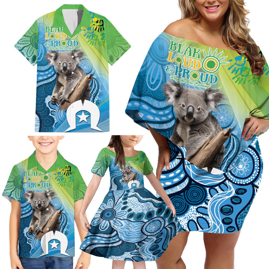 Vivid Minimal Koala NAIDOC 2024 Family Matching Off Shoulder Short Dress and Hawaiian Shirt Aboriginal Art Style