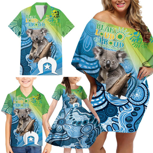 Vivid Minimal Koala NAIDOC 2024 Family Matching Off Shoulder Short Dress and Hawaiian Shirt Aboriginal Art Style