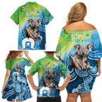Vivid Minimal Koala NAIDOC 2024 Family Matching Off Shoulder Short Dress and Hawaiian Shirt Aboriginal Art Style
