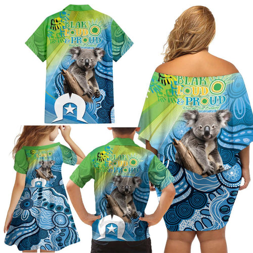 Vivid Minimal Koala NAIDOC 2024 Family Matching Off Shoulder Short Dress and Hawaiian Shirt Aboriginal Art Style