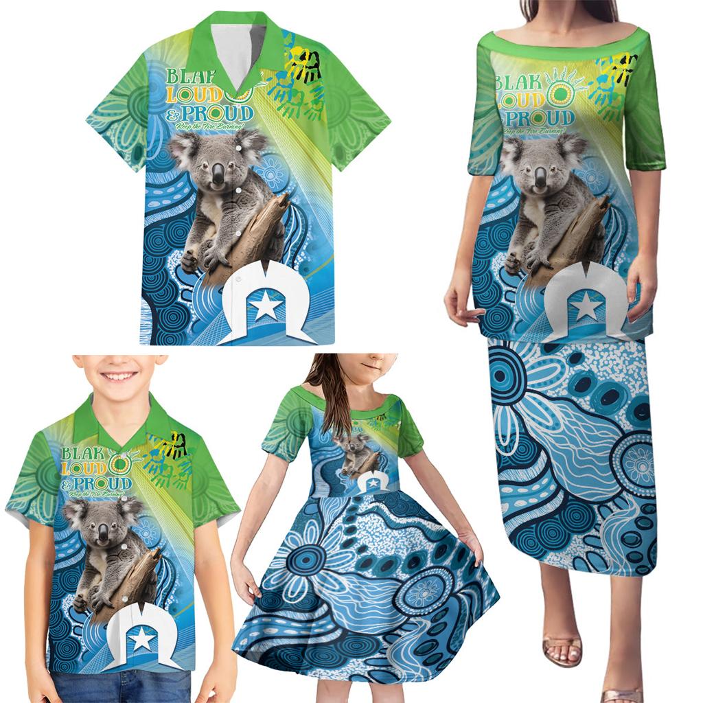Vivid Minimal Koala NAIDOC 2024 Family Matching Puletasi and Hawaiian Shirt Aboriginal Art Style