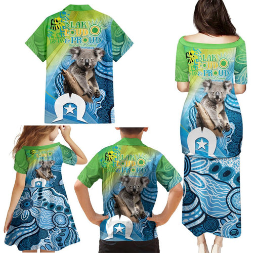 Vivid Minimal Koala NAIDOC 2024 Family Matching Puletasi and Hawaiian Shirt Aboriginal Art Style