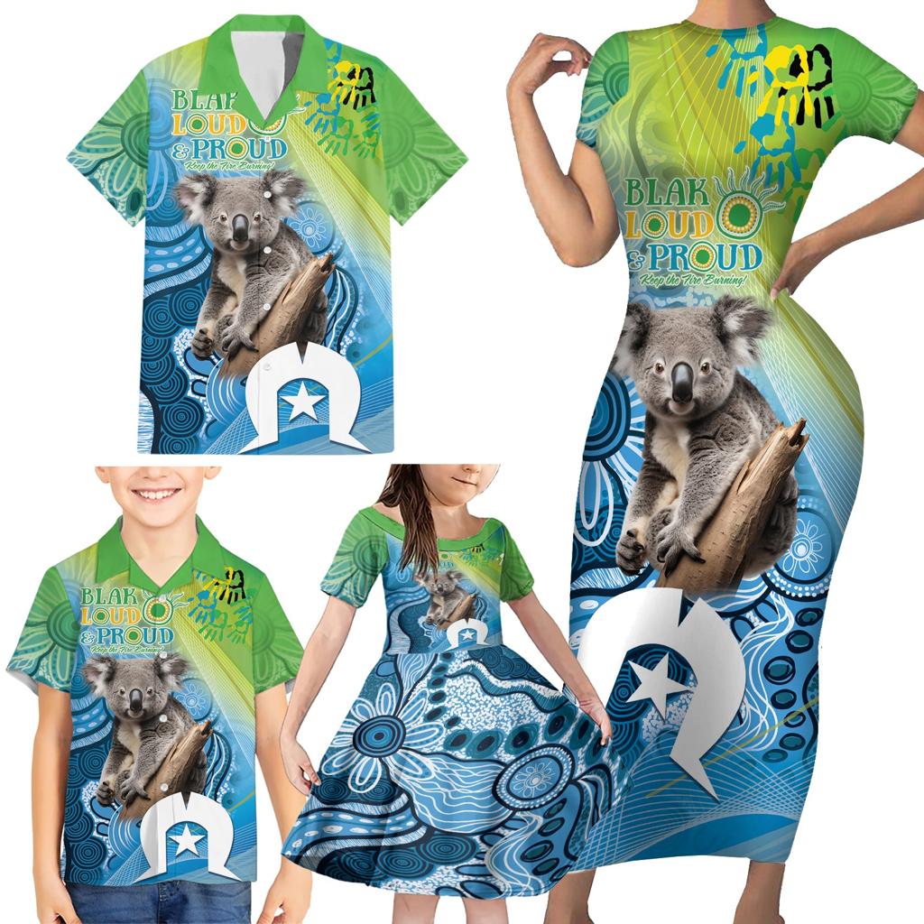 Vivid Minimal Koala NAIDOC 2024 Family Matching Short Sleeve Bodycon Dress and Hawaiian Shirt Aboriginal Art Style