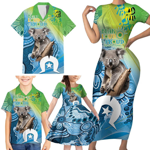 Vivid Minimal Koala NAIDOC 2024 Family Matching Short Sleeve Bodycon Dress and Hawaiian Shirt Aboriginal Art Style
