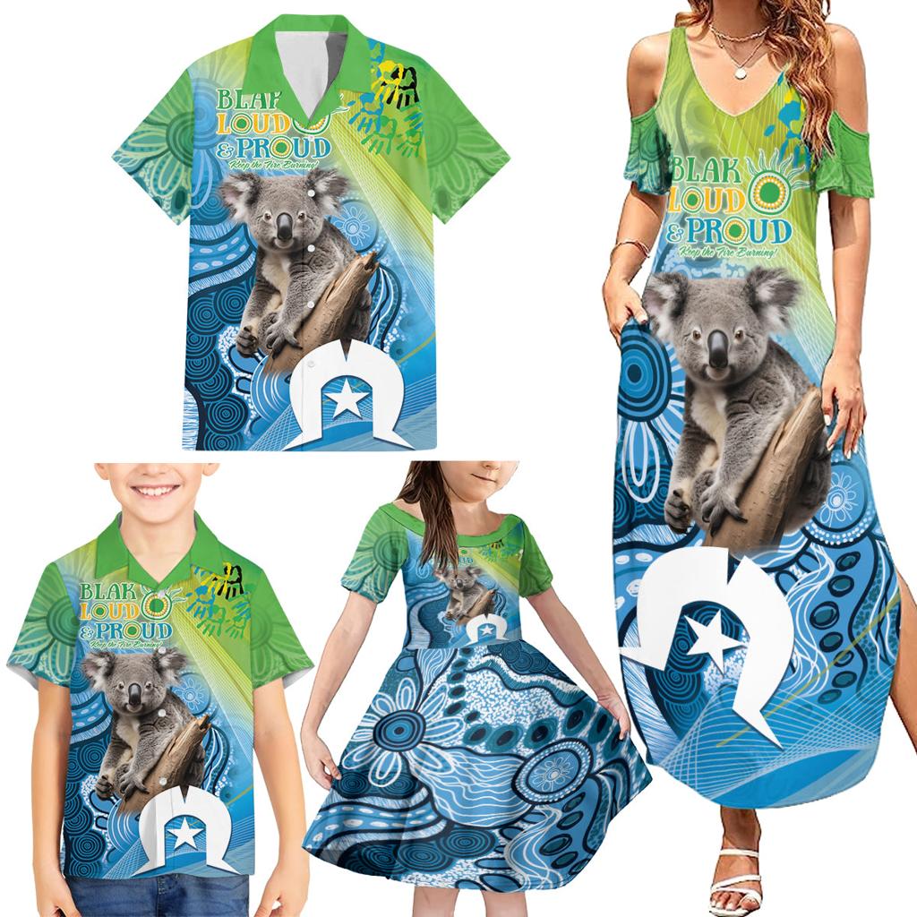 Vivid Minimal Koala NAIDOC 2024 Family Matching Summer Maxi Dress and Hawaiian Shirt Aboriginal Art Style