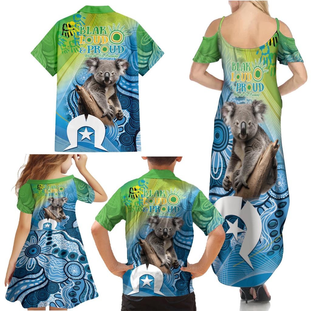 Vivid Minimal Koala NAIDOC 2024 Family Matching Summer Maxi Dress and Hawaiian Shirt Aboriginal Art Style