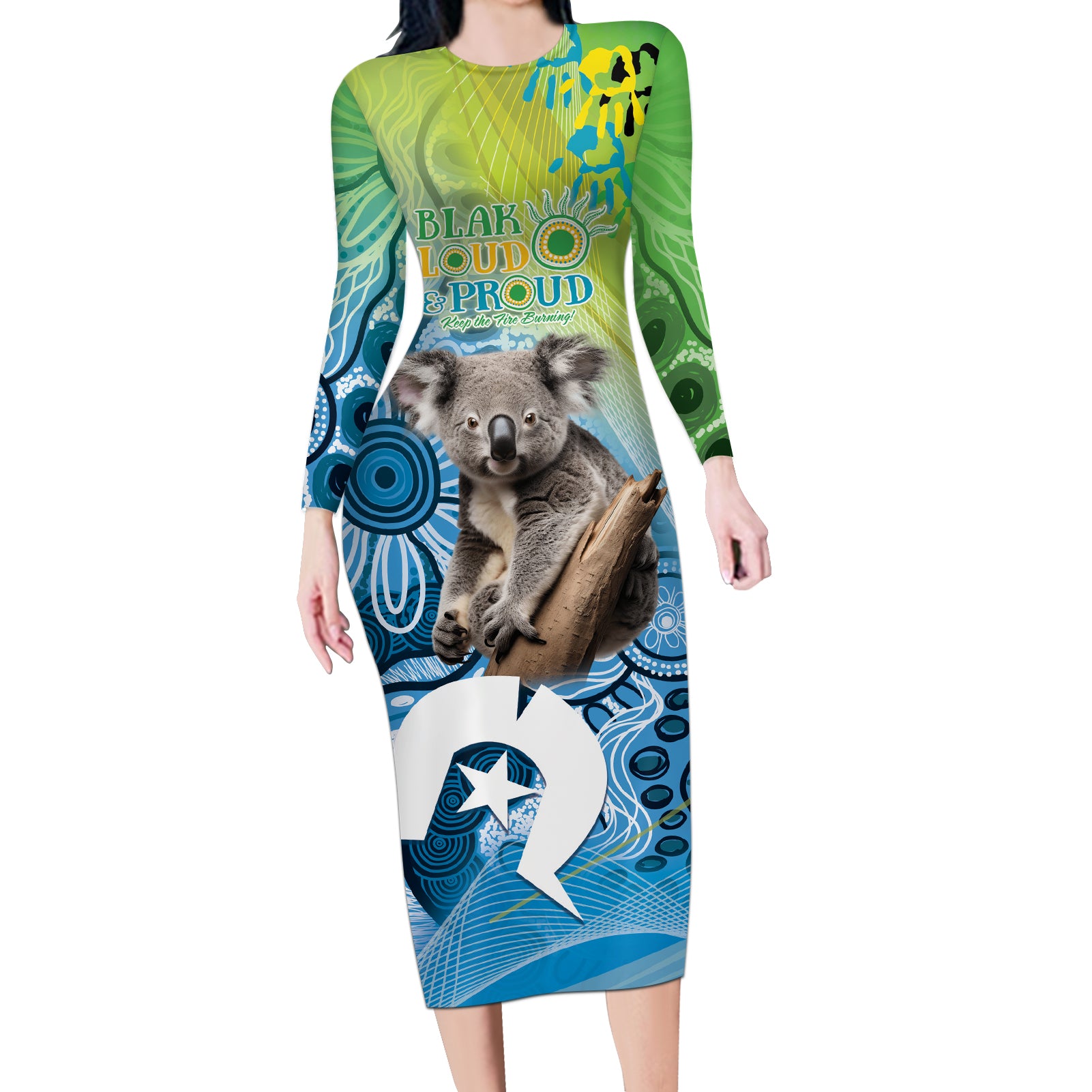 Vivid Minimal Koala NAIDOC 2024 Long Sleeve Bodycon Dress Aboriginal Art Style