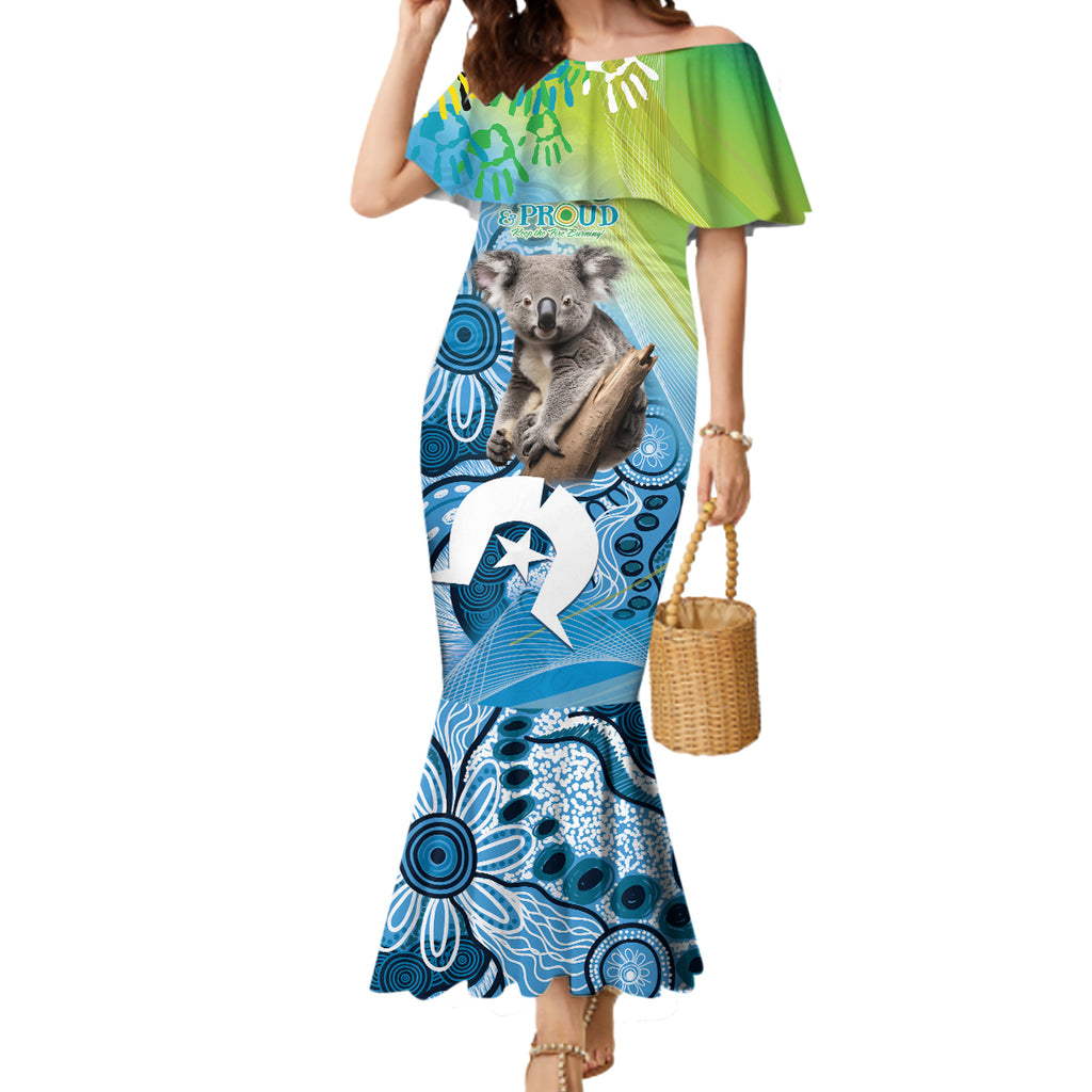 Vivid Minimal Koala NAIDOC 2024 Mermaid Dress Aboriginal Art Style
