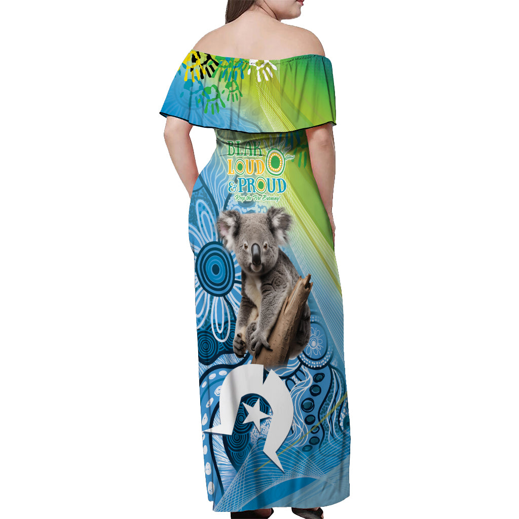 Vivid Minimal Koala NAIDOC 2024 Off Shoulder Maxi Dress Aboriginal Art Style