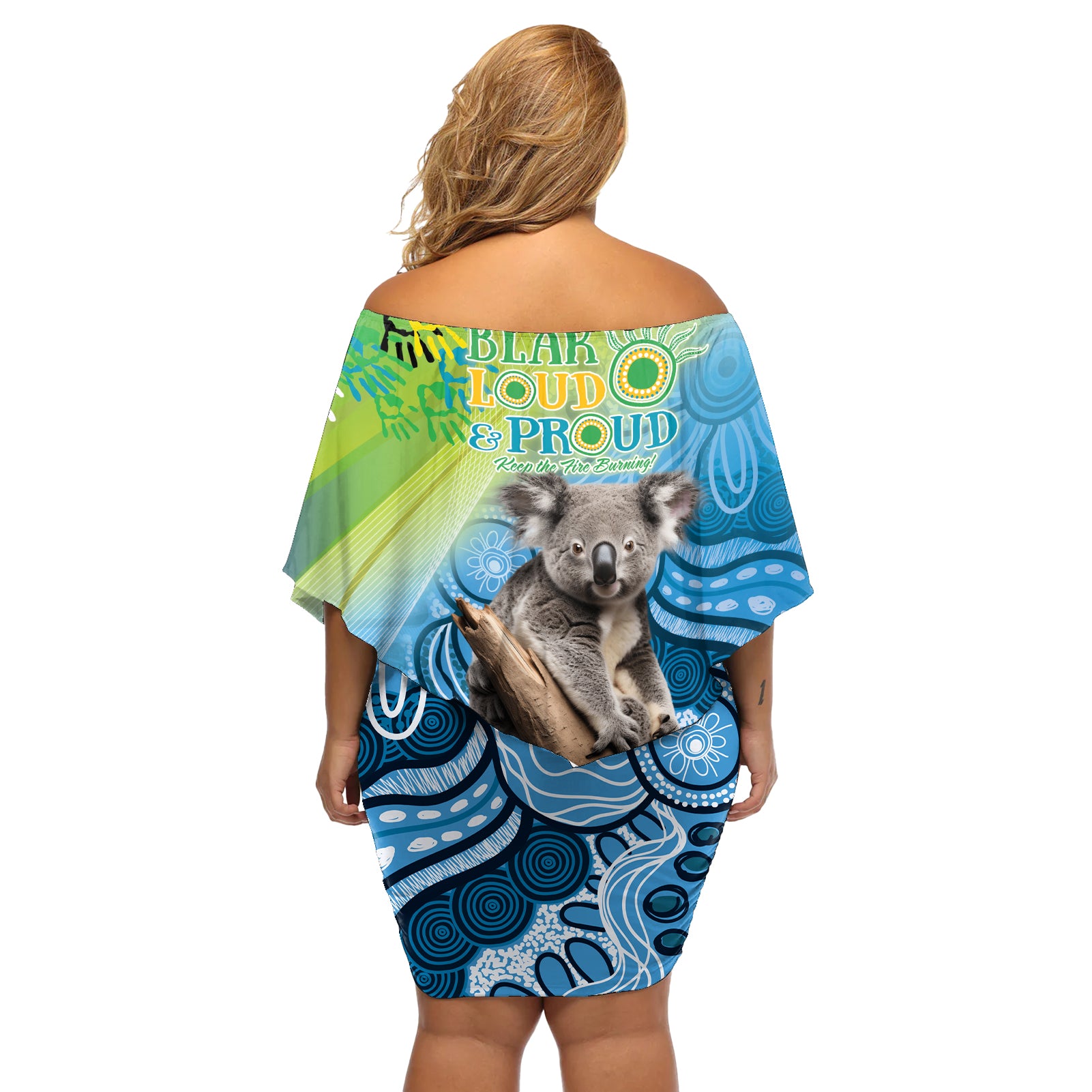 Vivid Minimal Koala NAIDOC 2024 Off Shoulder Short Dress Aboriginal Art Style