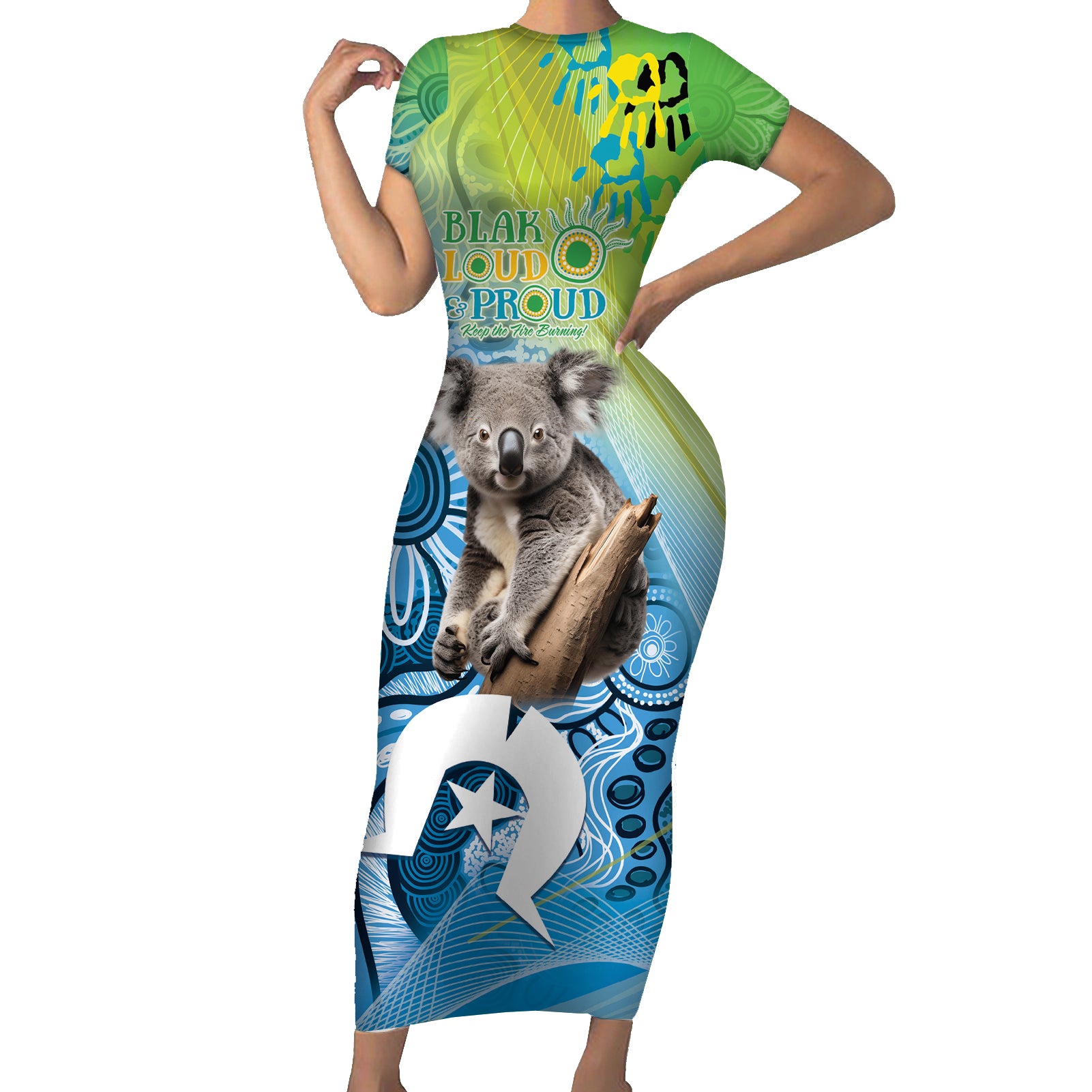 Vivid Minimal Koala NAIDOC 2024 Short Sleeve Bodycon Dress Aboriginal Art Style