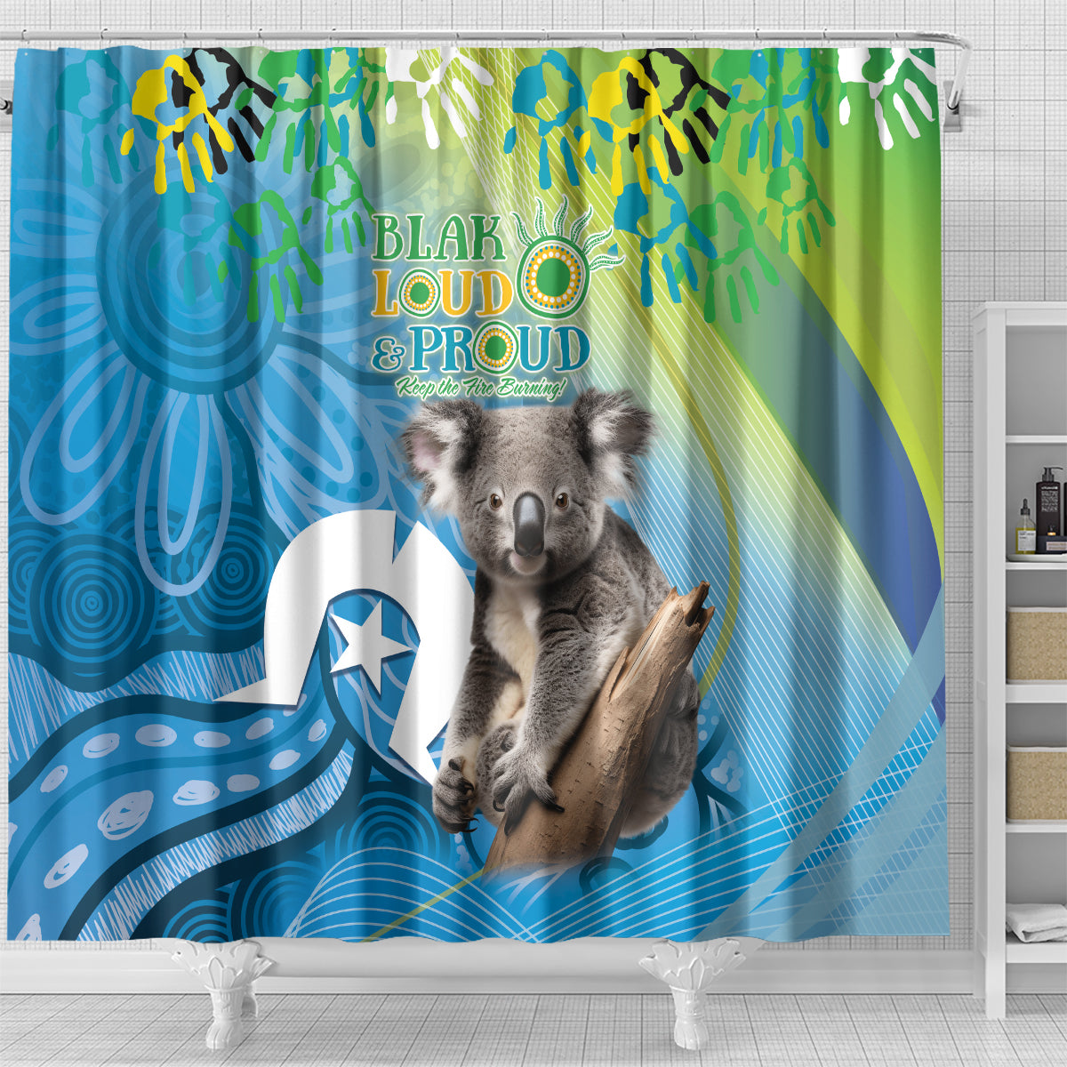 Vivid Minimal Koala NAIDOC 2024 Shower Curtain Aboriginal Art Style