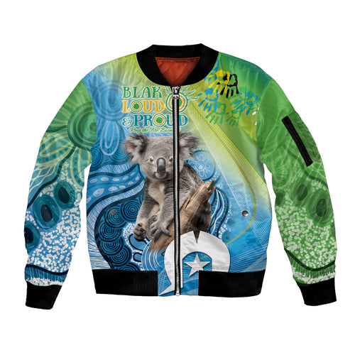 Vivid Minimal Koala NAIDOC 2024 Sleeve Zip Bomber Jacket Aboriginal Art Style