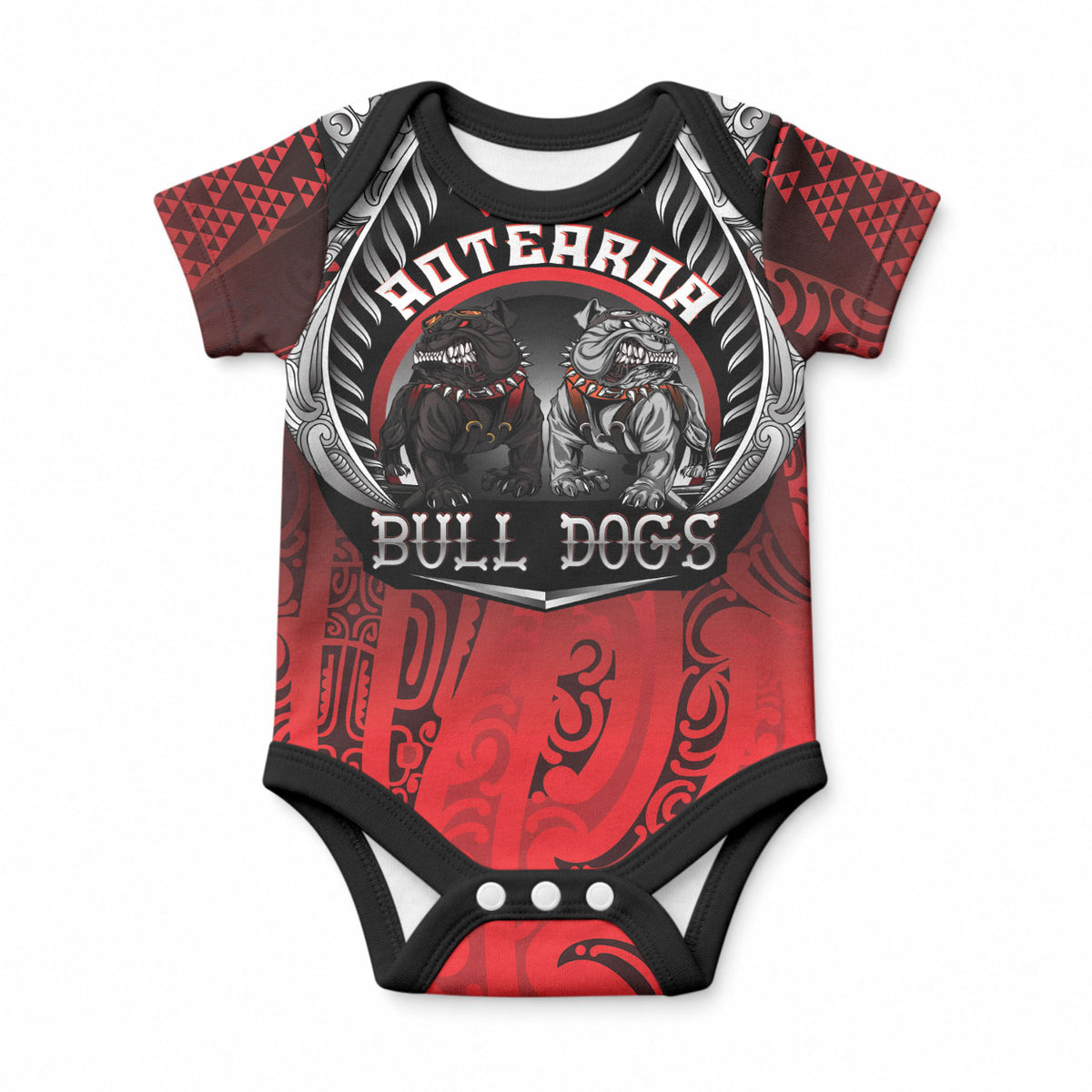 Aotearoa Bulldog Personalised Baby Onesie Maori Kowhaiwhai Motif