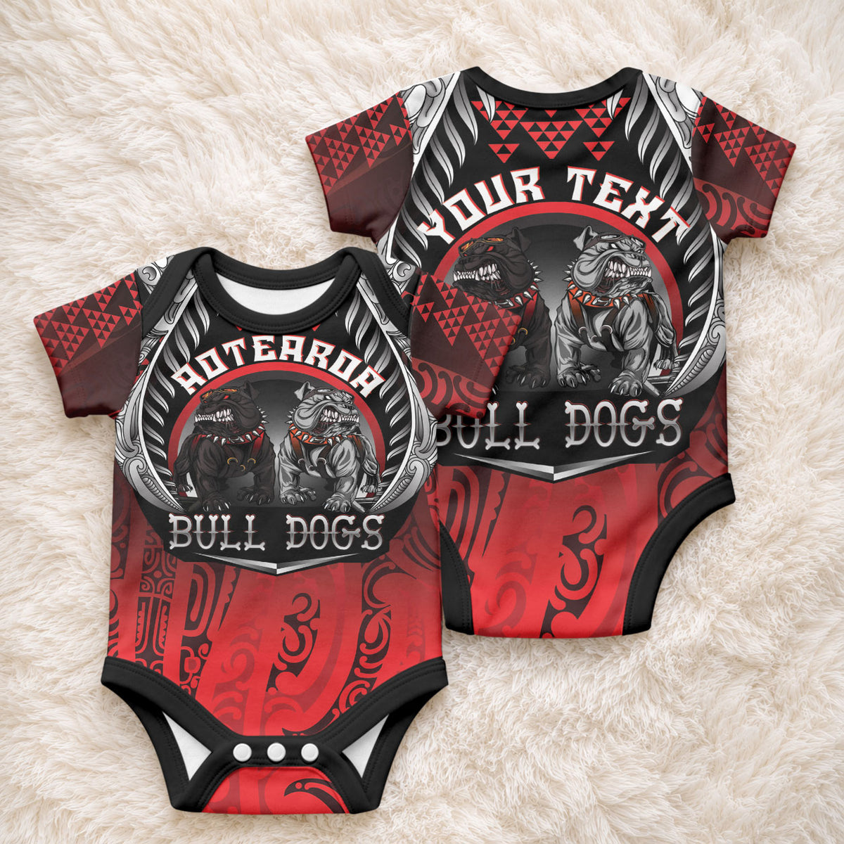 Aotearoa Bulldog Personalised Baby Onesie Maori Kowhaiwhai Motif
