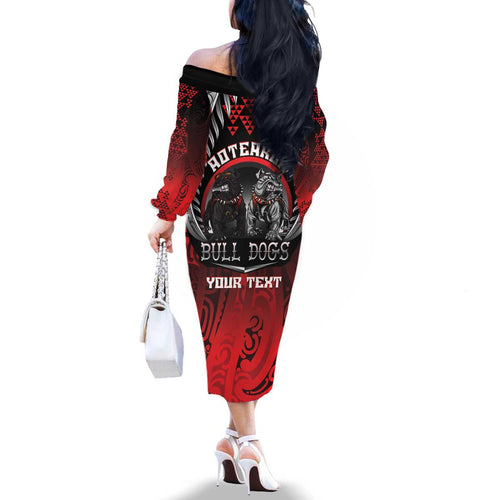 Aotearoa Bulldog Personalised Family Matching Off The Shoulder Long Sleeve Dress and Hawaiian Shirt Maori Kowhaiwhai Motif