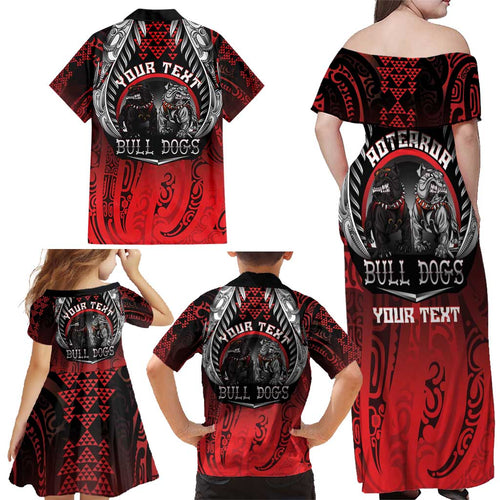 Aotearoa Bulldog Personalised Family Matching Off Shoulder Maxi Dress and Hawaiian Shirt Maori Kowhaiwhai Motif