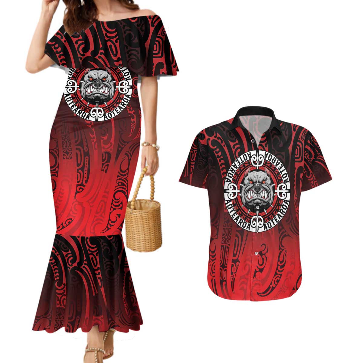 Aotearoa Bulldog Couples Matching Mermaid Dress and Hawaiian Shirt New Zealand Kowhaiwhai Tribal