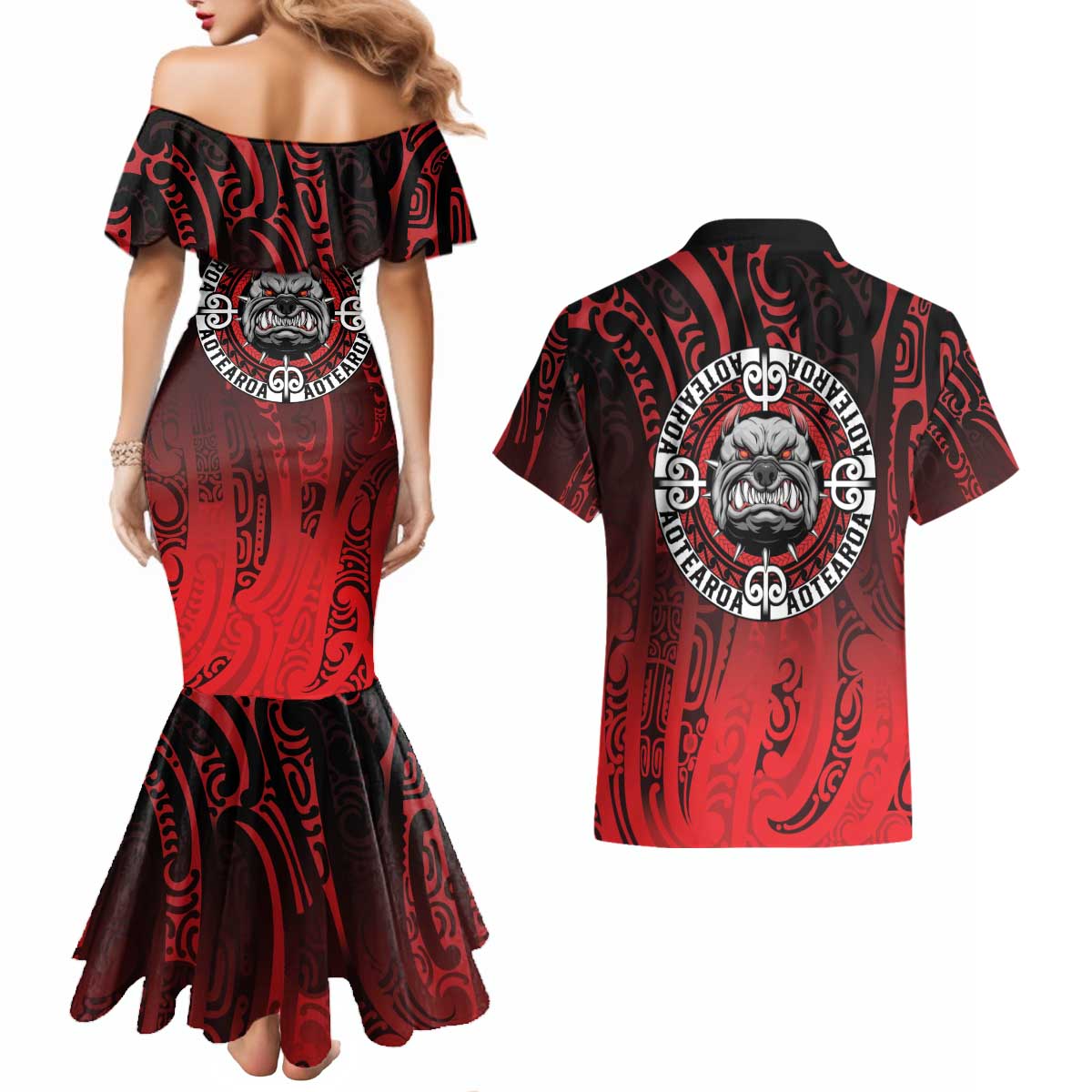 Aotearoa Bulldog Couples Matching Mermaid Dress and Hawaiian Shirt New Zealand Kowhaiwhai Tribal
