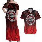 Aotearoa Bulldog Couples Matching Off Shoulder Maxi Dress and Hawaiian Shirt New Zealand Kowhaiwhai Tribal
