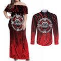 Aotearoa Bulldog Couples Matching Off Shoulder Maxi Dress and Long Sleeve Button Shirt New Zealand Kowhaiwhai Tribal