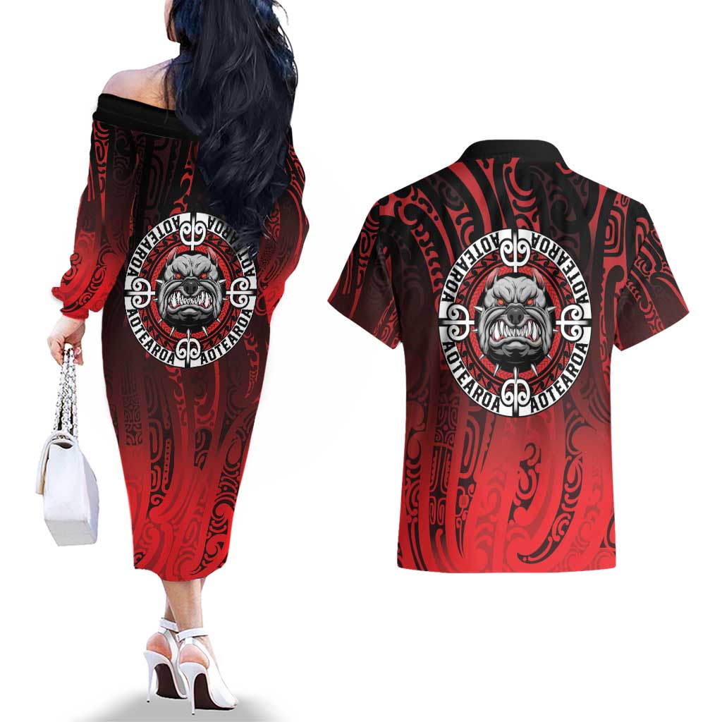 Aotearoa Bulldog Couples Matching Off The Shoulder Long Sleeve Dress and Hawaiian Shirt New Zealand Kowhaiwhai Tribal