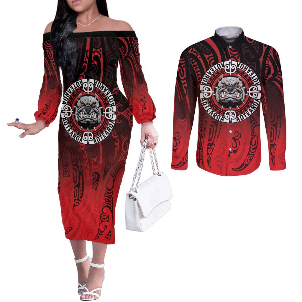 Aotearoa Bulldog Couples Matching Off The Shoulder Long Sleeve Dress and Long Sleeve Button Shirt New Zealand Kowhaiwhai Tribal